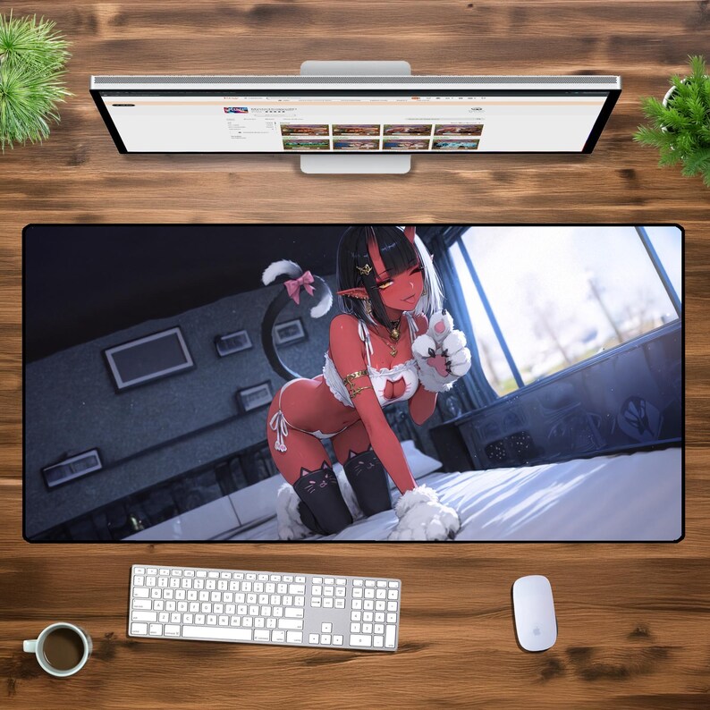 Anime Demon Girl XXL Gaming Mouse Pad – Oni Waifu Desk Mat, Cute & Sexy Aesthetic, Oversized Gamer Mousepad, Kawaii Anime Desk Setup image 1