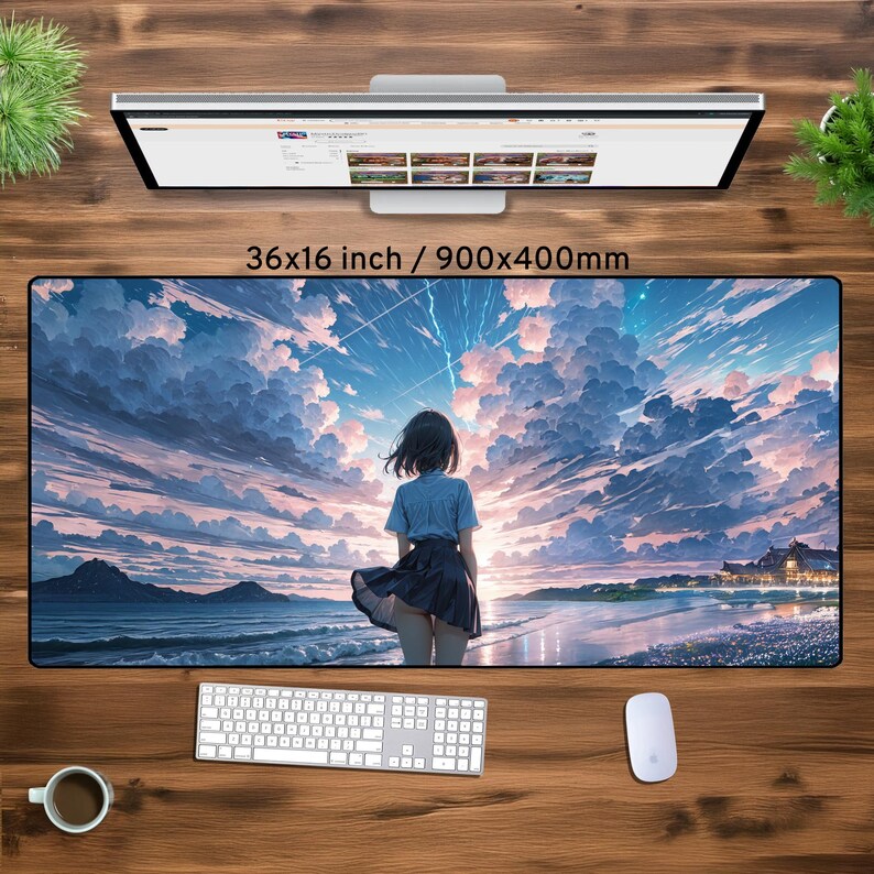 Puede incluir: Un gran tapete de rat&oacute;n de estilo anime colorido con una joven con el pelo largo y oscuro de pie en una playa con un cielo nublado y rayos en el fondo. El tapete de rat&oacute;n mide 36x16 pulgadas o 900x400 mil&iacute;metros.