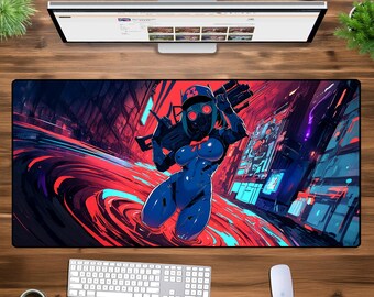 Podkładka pod mysz Cyberpunk Soldier Desk Mat - Futurystyczna podkładka pod mysz do gier, Odważna dekoracja biurka w neonowym stylu science fiction, Podkładka pod biurko XL XXL Oversized dla graczy Prezenty biurowe