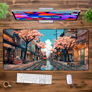 Cherry Blossom Mouse Pad, Japanese Street Desk Mat, Aesthetic Mousepad, Large Desk Mat, Cute Desk Decor, Sakura Deskmat, Office Gifts XL XXL