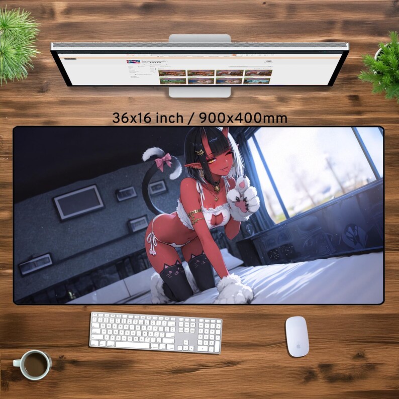 May include: A red-skinned anime character with horns and a cat tail, wearing a white and red lingerie-style outfit, is sitting on a bed with a white blanket. The character has long black hair and red eyes. The character is holding a white cat paw in their right hand. The background is a bedroom with a window and a dresser.