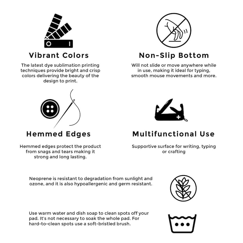 May include: A black and white illustration of a mouse pad with features highlighted in text. The features include vibrant colors, non-slip bottom, hemmed edges, multifunctional use, and a description of the material as neoprene. The text also includes instructions for cleaning the mouse pad.