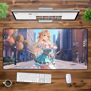 かわいいアニメガールデスクマット - XXLゲーミングマウスパッド、かわいいストリートシーン、ゲーマー向けの特大デスクマット、パステル調の美しいデスク装飾