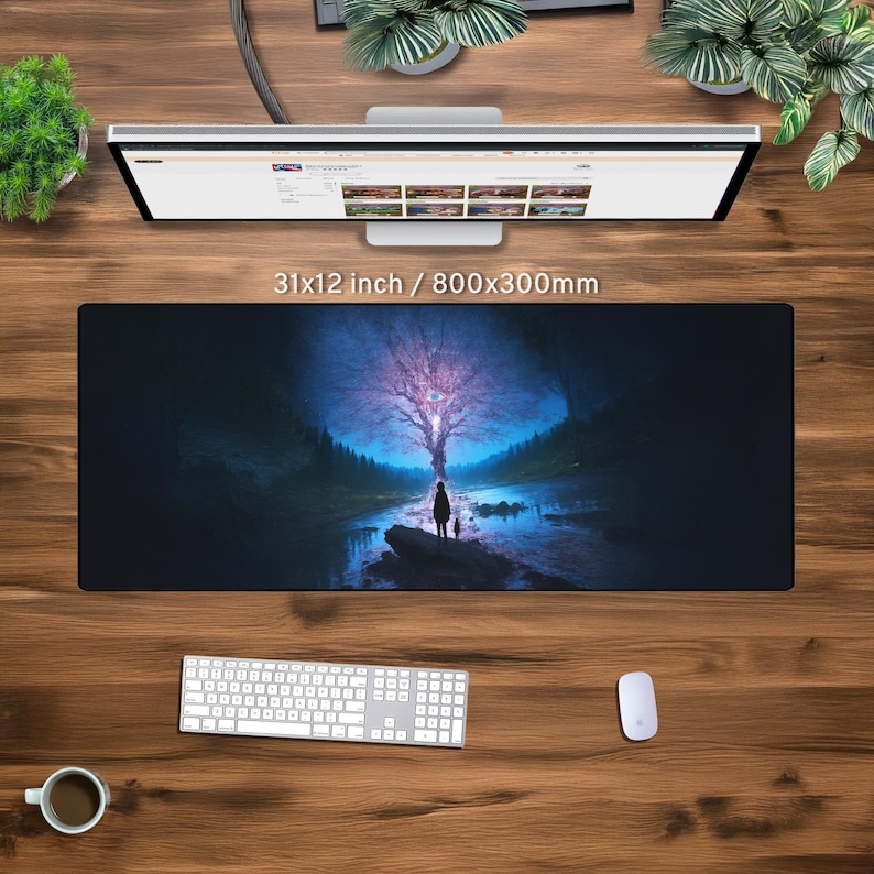 May include: A dark blue and purple fantasy landscape with a single figure standing in the middle of a river. The scene is illuminated by a glowing tree with pink and purple leaves. The mouse mat is 31x12 inches or 800x300mm.