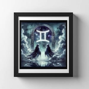 Gemini Zodiac Wall Art – Twin Astrology Fantasy Print. Mystical Gemini Constellation Artwork, Celestial Zodiac Décor, Fantasy Starry Design.