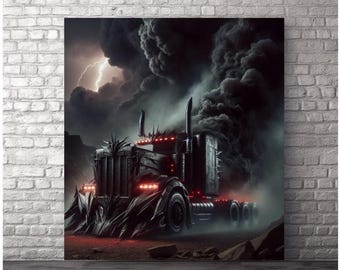 May include: A dark, stylized semi-truck illustration with a menacing design. The truck features sharp, angular elements and red lights, set against a stormy sky with lightning. The artwork evokes a sense of power and danger.