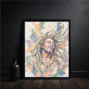 May include: A framed wall art print featuring an impressionistic oil painting of a person with long dreadlocks and a smiling expression. The artwork uses a palette of muted greens, soft oranges, and light blues with visible, thick brushstrokes.