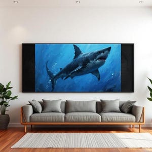 Great White Shark Ocean Artwork. Acrylic Shark Wall Art, Shark Canvas Print, Marine Life Wall Art, Ocean Predator Painting, Underwater Art.