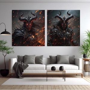 May include: Two framed canvas prints featuring a demonic figure with large horns, glowing red eyes, and intricate armor. The artwork is set against a fiery, orange and black background, creating a dramatic and intense visual.