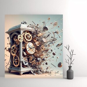 May include: A detailed artistic rendering of a clock exploding, with gears, screws, and other clock components scattered. The clock has a white and gold frame, with a clock face showing the time. The background is a gradient of light blue and beige.