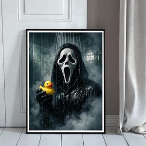 Póster divertido de Scream para el baño - Arte de pared de película de terror - Lámina de pared de Ghostface - Póster de patito de goma - Regalo divertido de terror - Lámina de arte de Halloween