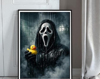 Funny Scream badkamer poster - horrorfilm kunst aan de muur - Ghostface muur print - Rubber Ducky poster - grappig horror cadeau - Halloween Art Print