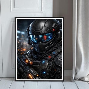 May include: Framed artwork featuring a futuristic soldier in a black armored suit and helmet. The helmet has a blue visor with a red figure visible. The soldier holds a rifle with orange and blue accents. The artwork is in a black frame.