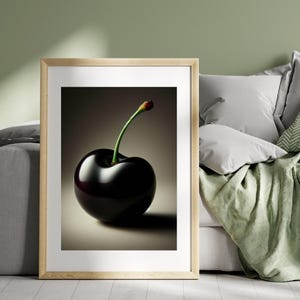 Single Black Cherry on Grey. High-Resolution Files: 5000x5500 at 300 DPI – Perfect for canvas, posters & more. Minimalist Wall Art Print.