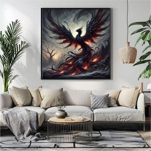 Cuadro decorativo con la imagen del ave Fénix: Impresión en negro de alta resolución (descarga digital)