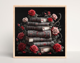 Books and Roses Print: Mystical Book Lover Wall Art (Digital Download)
