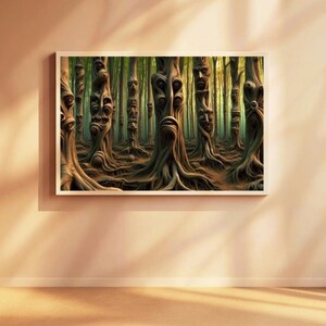 Impresión surrealista de bosque embrujado: Árboles místicos parlantes - Arte de fantasía oscura (Descarga digital)