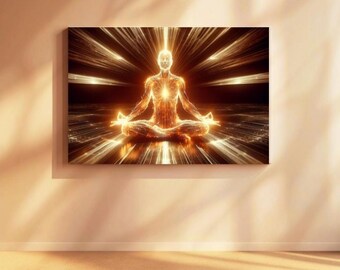 Lotus Pose Meditation Print: Golden Energy, Chakra Art (Digital Download)