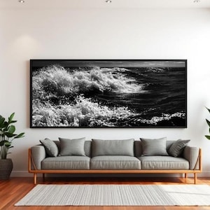 Peinture océan orageux : art marin monochrome, choc des marées (téléchargement numérique)