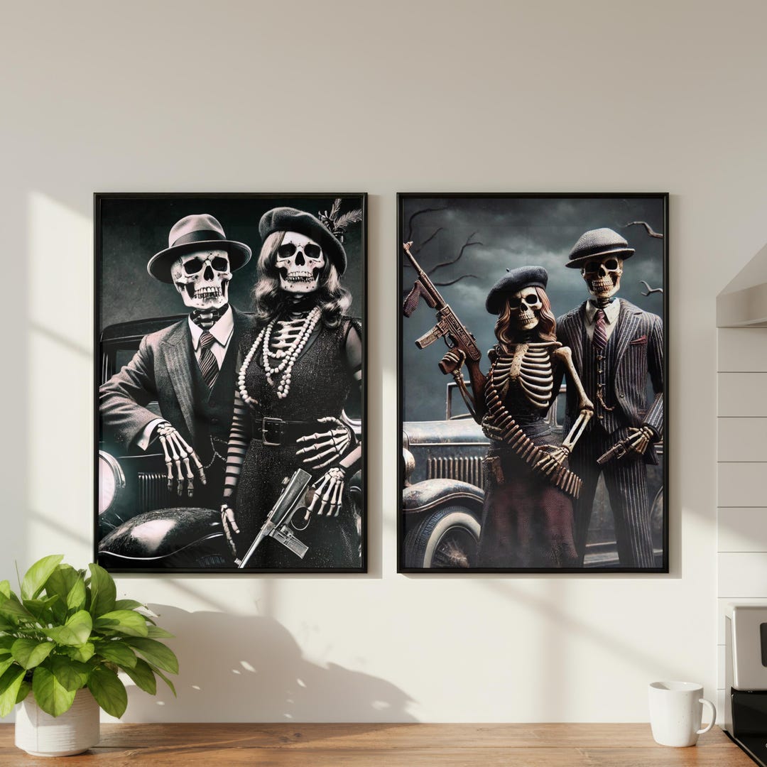 Bonnie and Clyde Skeleton Art Print: Gothic Gangster Couple