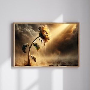 Könnte beinhalten: Ein gerahmter Kunstdruck mit einer welkenden Sonnenblume vor einem dramatischen, bewölkten Himmel. Das Kunstwerk verwendet warme, goldene Farbtöne, um die Blume darzustellen, wodurch ein stimmungsvolles, künstlerisches Stück entsteht.