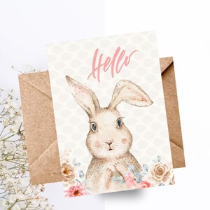 Hello Bunny Biglietto di auguri di Pasqua felice / Biglietto di auguri di Pasqua con coniglietto floreale morbido / Biglietto di auguri di amicizia e primavera