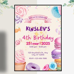 Invito per il 4° compleanno, invito per la festa "Sweet Girl", modello per il 4° compleanno, dolcetti e caramelle, Canva