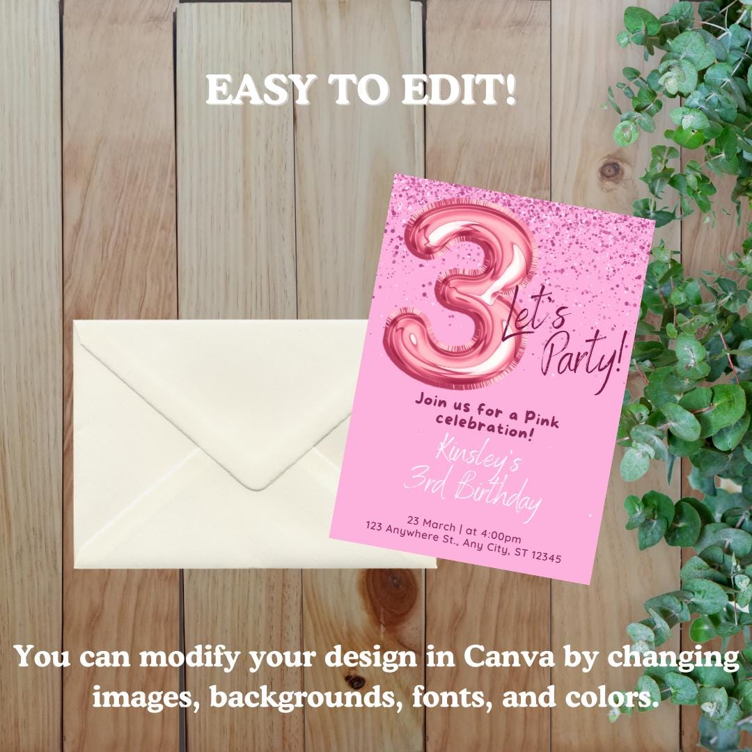 Pink Third Birthday Invitation | Instant Digital Download | Editable ...