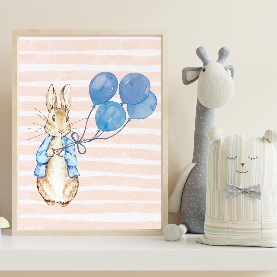 Peter Rabbit With Balloons Wall Art – Cute Nursery Print, Baby Room ...