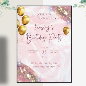 Plantilla de invitación para celebrar en rosa ruborizado, invitación editable para fiesta de cumpleaños en rosa y dorado, invitación imprimible para baby shower para cualquier edad con purpurina dorada