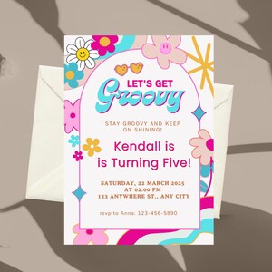 Editable ANY AGE Groovy Birthday Invitation Let&#39;s Get Groovy Daisy Hippie Birthday Invite Printable Template Instant Download