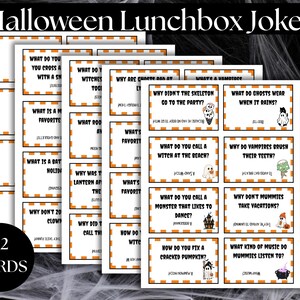 May include: A stack of Halloween Lunchbox Jokes cards. Each card features a joke with a Halloween theme. The cards have an orange border and black text. The words "Halloween Lunchbox Jokes" are at the top. The image also includes a black circle with the words "32 CARDS".