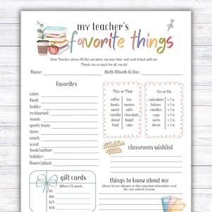 Teacher Favorite Things Printable, Teacher Survey, Meet the Teacher, Teacher Favorites List, Teacher Questionnaire, All About My Teacher