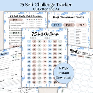 May include: Printable planner pages with a soft blue butterfly design. Includes a 75 Soft Challenge tracker, daily habit tracker, body measurement tracker, and meal planner. The pages are designed for US Letter and A4 sizes.