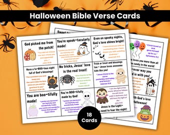 May include: Halloween Bible Verse Cards featuring colorful illustrations of pumpkins, ghosts, and other spooky characters. Each card displays a Bible verse with a Halloween theme. The cards are on a bright orange background with black spider decorations.