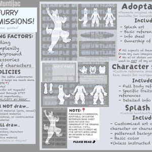 May include: A light gray informational poster with the text "FURRY COMMISSIONS!" and details on pricing, policies, and art services. Includes examples of character art and information on adoptables and character sheets.