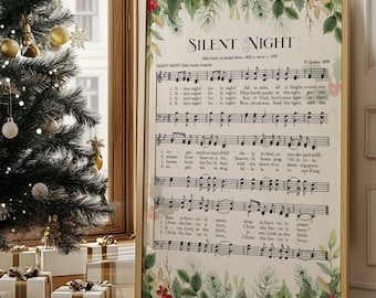 Silent Night Vintage Christmas Carol Wall Art Print, Holiday Music Room Decor, Classic Xmas Song Poster, Choir Singer Gift, Digital Download