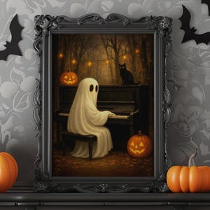 May include: A Halloween-themed display featuring a framed painting of a ghost playing a piano, surrounded by orange pumpkins and black bat decorations. The painting is set on a black mantelpiece, creating a spooky atmosphere.