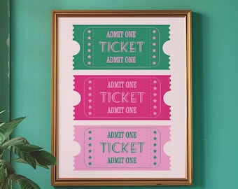 Ticket Wall Art, Preppy Aesthetic Apartment Room Decor, Retro Theatre Lover Print, Girly College Dorm Room Dopamine Decor, Digital Download