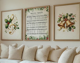 Set of 3 Christmas Music Wall Art, Three Piece Holiday Decor, Music Room Xmas Decor, Silent Night Vintage Christmas Carol Downloadable Print