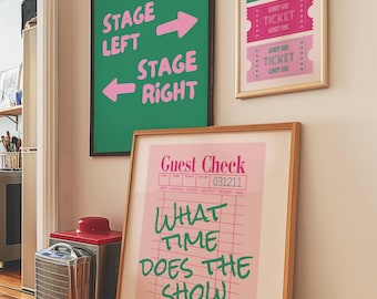 Conjunto de 3 peças de arte de parede para decoração de apartamento com estética preppy, pôster digital para amantes de teatro, ingresso de convidado para quarto de estudante feminino com tema de dopamina.
