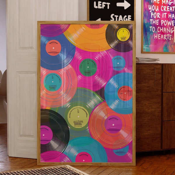 Preppy Vinyl Record Poster, Retro Music Lover Wall Art, Maximalist Music Room Decor, Trendy Digital Print, Bold Colorful Dorm Room Decor