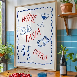 Cyfrowy wydruk ścienny Wine Pasta Opera, dekoracja kuchenna dla miłośników muzyki, prezent dla śpiewaka operowego, modny plakat do wózka barowego, La Dolce Vita do wydrukowania