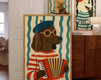 May include: Three framed art prints featuring cartoon dogs. The central print shows a brown dog in a beret and glasses playing an accordion. The other prints depict dogs playing a violin and singing into a microphone. All dogs wear striped shirts.