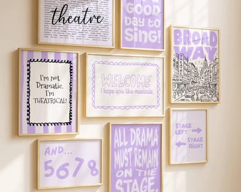 Conjunto de 8 pôsteres para amantes do teatro, galeria de parede para sala de aula de teatro, presente para crianças fãs de teatro musical, decoração para camarim de atores da Broadway, arte de parede digital.