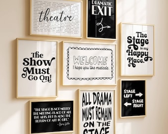 Conjunto de 8 pôsteres para amantes do teatro, galeria de parede em preto e branco para sala de aula de teatro, presente para crianças que curtem teatro, decoração para camarim de atores da Broadway, arte de parede digital.