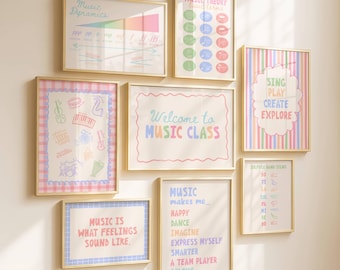 Conjunto de 8 pôsteres de educação musical, galeria de parede para sala de aula de música, arte digital para parede com tema de coral, orquestra e banda.