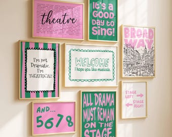 Conjunto de 8 pôsteres para amantes do teatro, galeria de parede para sala de aula de teatro, presente para crianças fãs de teatro musical, decoração para camarim de atores da Broadway, arte de parede digital.