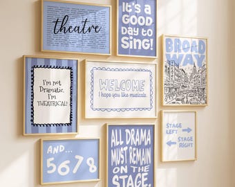 Conjunto de 8 pôsteres para amantes do teatro, galeria de parede para sala de aula de teatro, presente para crianças fãs de teatro musical, decoração para camarim de atores da Broadway, arte de parede digital.