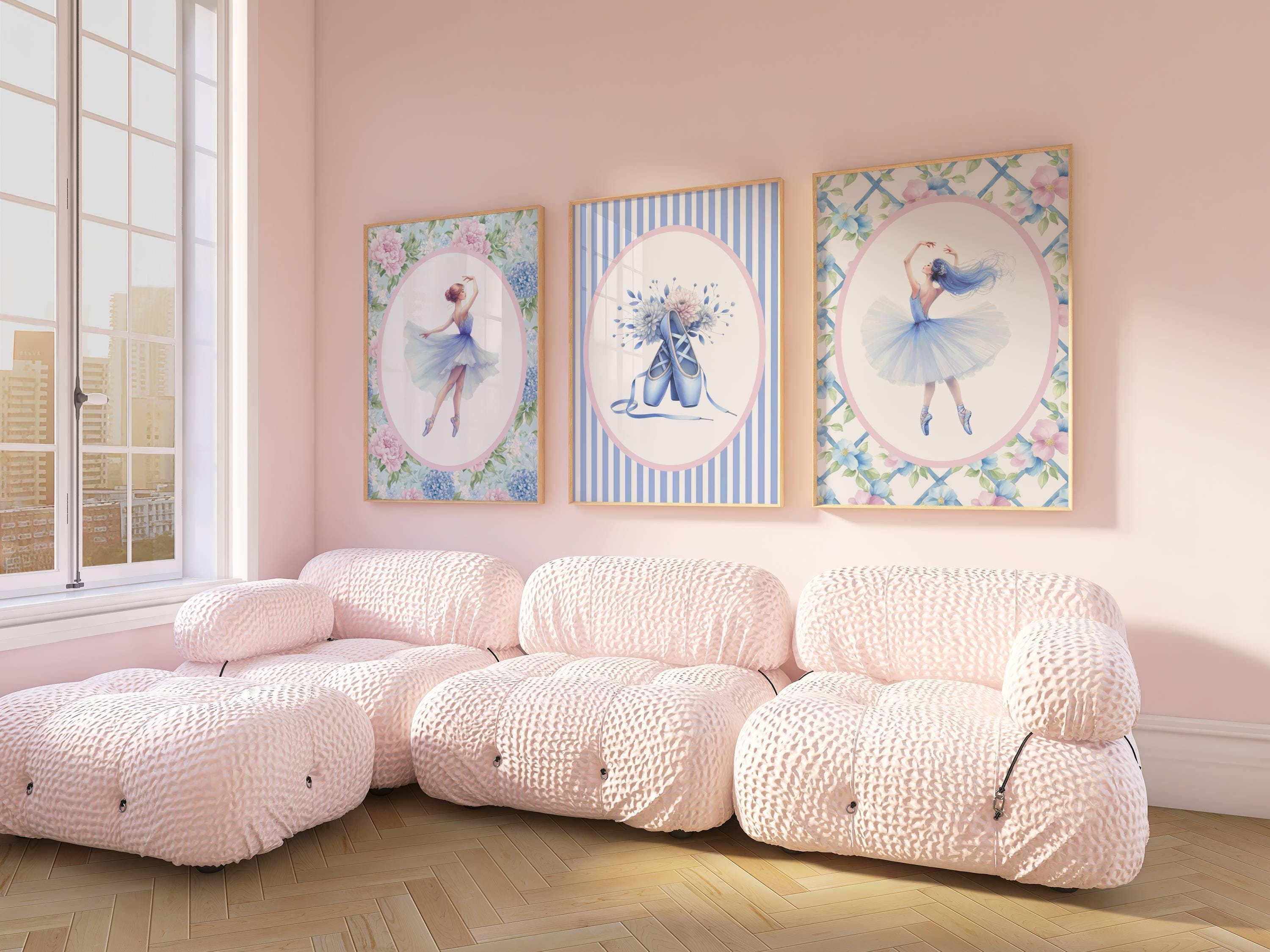 Grandmillennial Wall Art Set of 3, Ballerina Digital Prints, Coquette Dance Studio Decor, Ballet Dancer Gift, Chinoiserie Floral Nursery Art